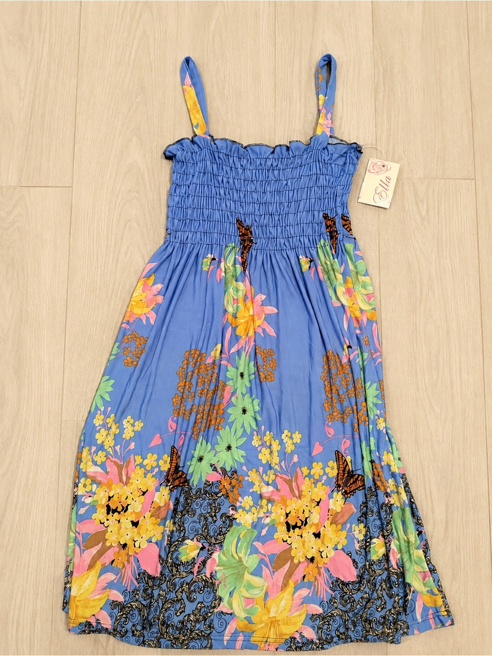 Ella NWT Floral Butterfly Smocked Midi Dress Blue Boho Y2K M